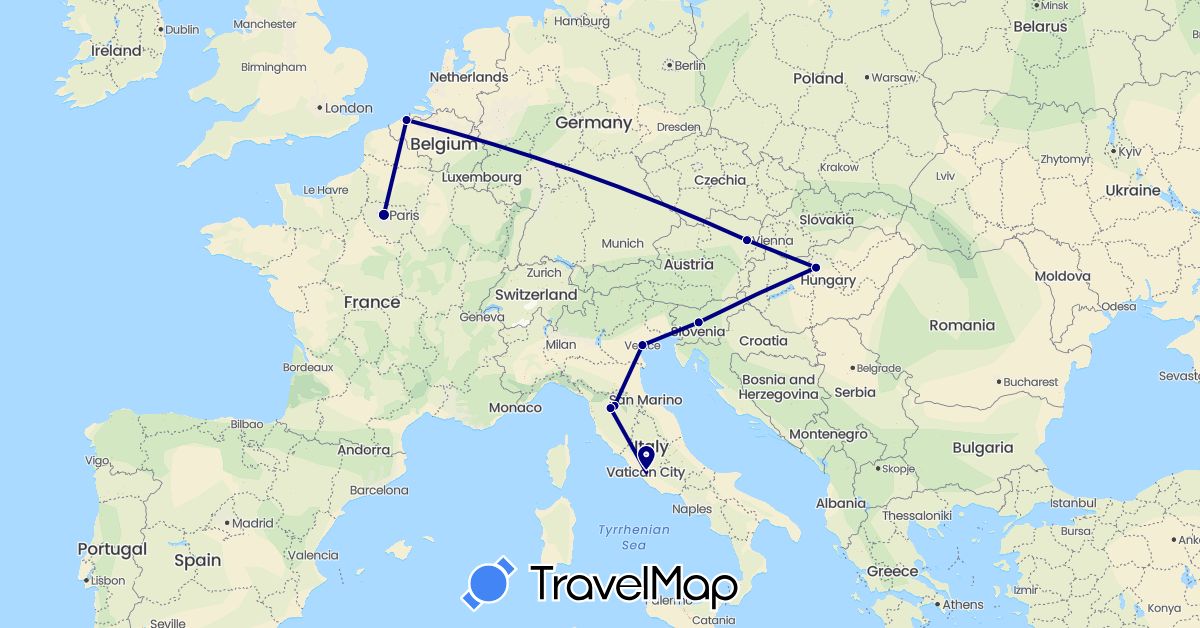 TravelMap itinerary: driving in Austria, Belgium, France, Hungary, Italy, Slovenia (Europe)
