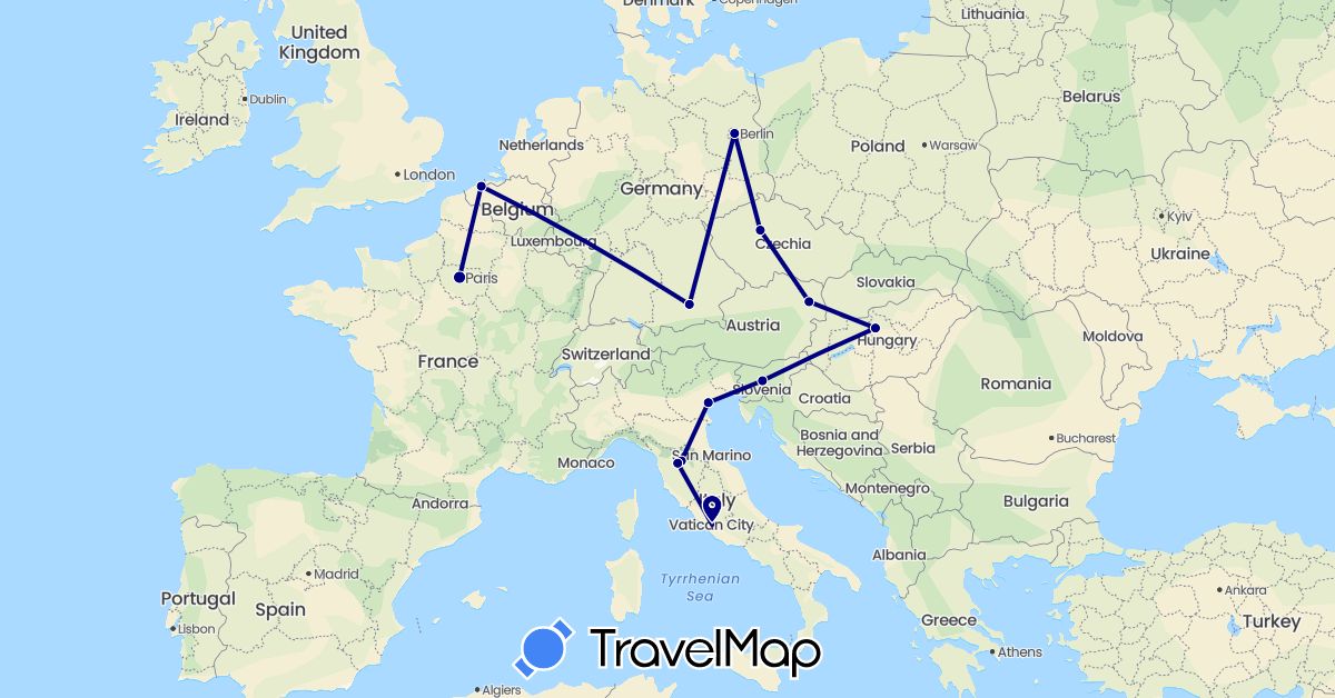 TravelMap itinerary: driving in Austria, Belgium, Czech Republic, Germany, France, Hungary, Italy, Slovenia (Europe)